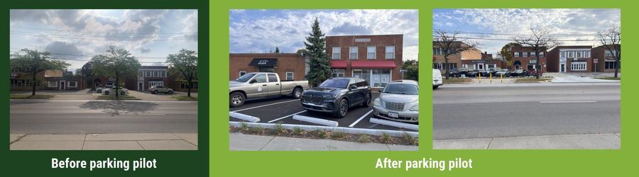 Before and after photos of the Lee Rd. parking pilot