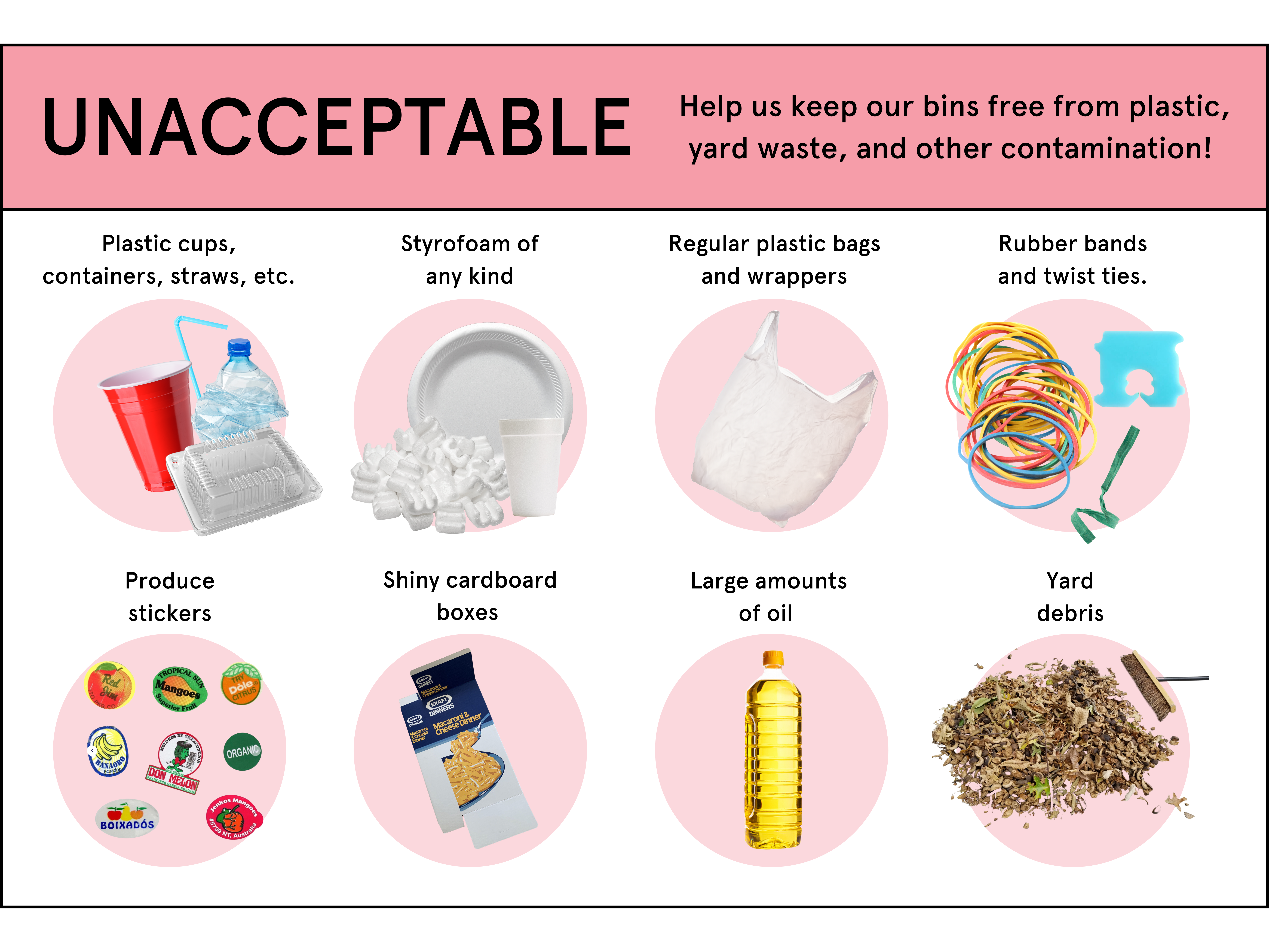 Graphic showing items not accepted by Rust Belt Riders