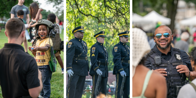 Collage of photos from police community events including the Honor Guard for Memorial Day